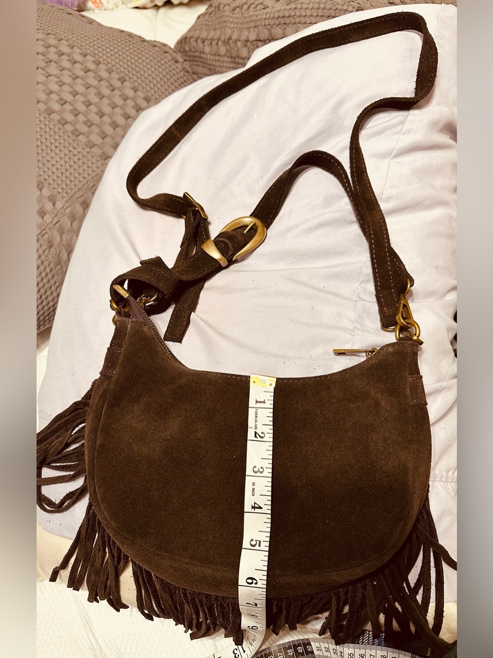 Classic DARK Brown Suede Fringe Crossbody Bag with Adjustable Strap